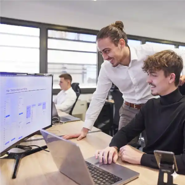Développeurs, designers, chefs de projet, travaillant au sein des bureaux de l'agence Dexon spécialisée en création d'applications mobiles et web